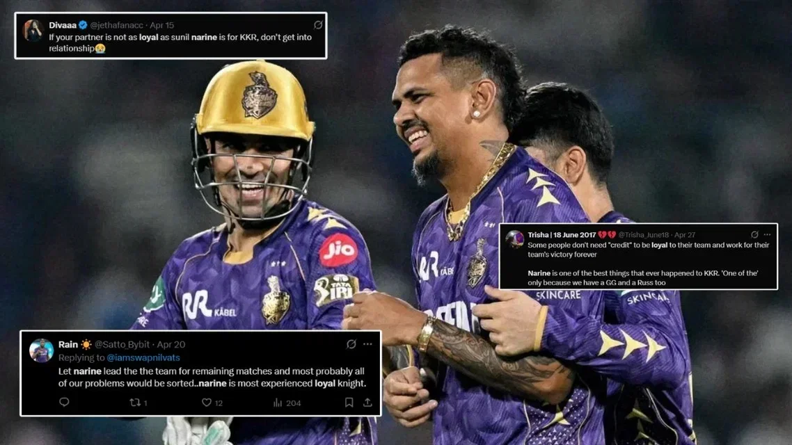 Sunil Narine with the KKR team [Source: AFP and Screengrabs]