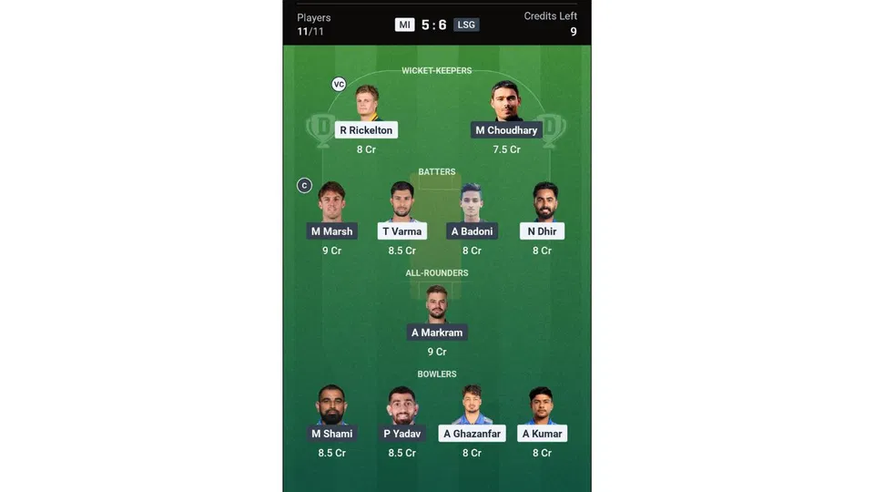 MI Vs LSG Dream11 prediction team 1 [Source: Dream11 app]