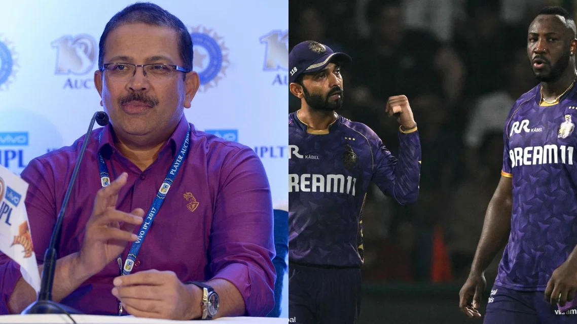 Venky Mysore Andre Russell Ajinkya Rahane for KKR. Image Credits: AFP