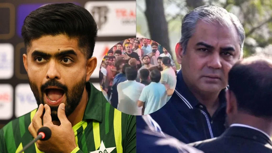 Babar Azam Mohsin Naqvi for PSL. Image Credits: AFP/X
