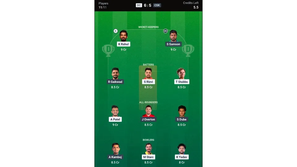 DC vs CSK, IPL 2026: Dream11 Team 1 [Source: @Dream11 App]
