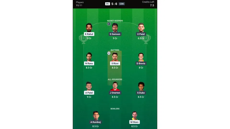 DC vs CSK, IPL 2026: Dream11 Team 2 [Source: @Dream11 App]