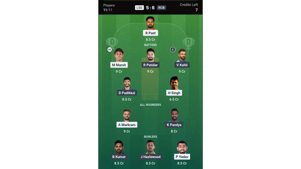 LSG Vs RCB Dream11 prediction team 1 [Source: Dream11 app]