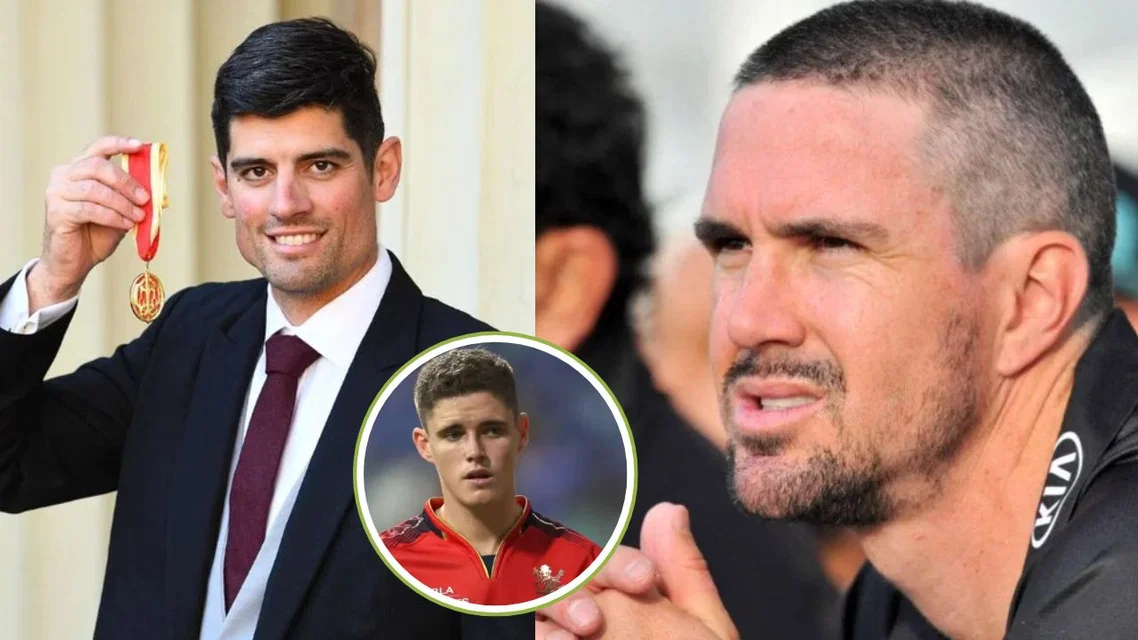 Alastair Cook, Jacob Bethell and Kevin Pietersen (Source: AFP)
