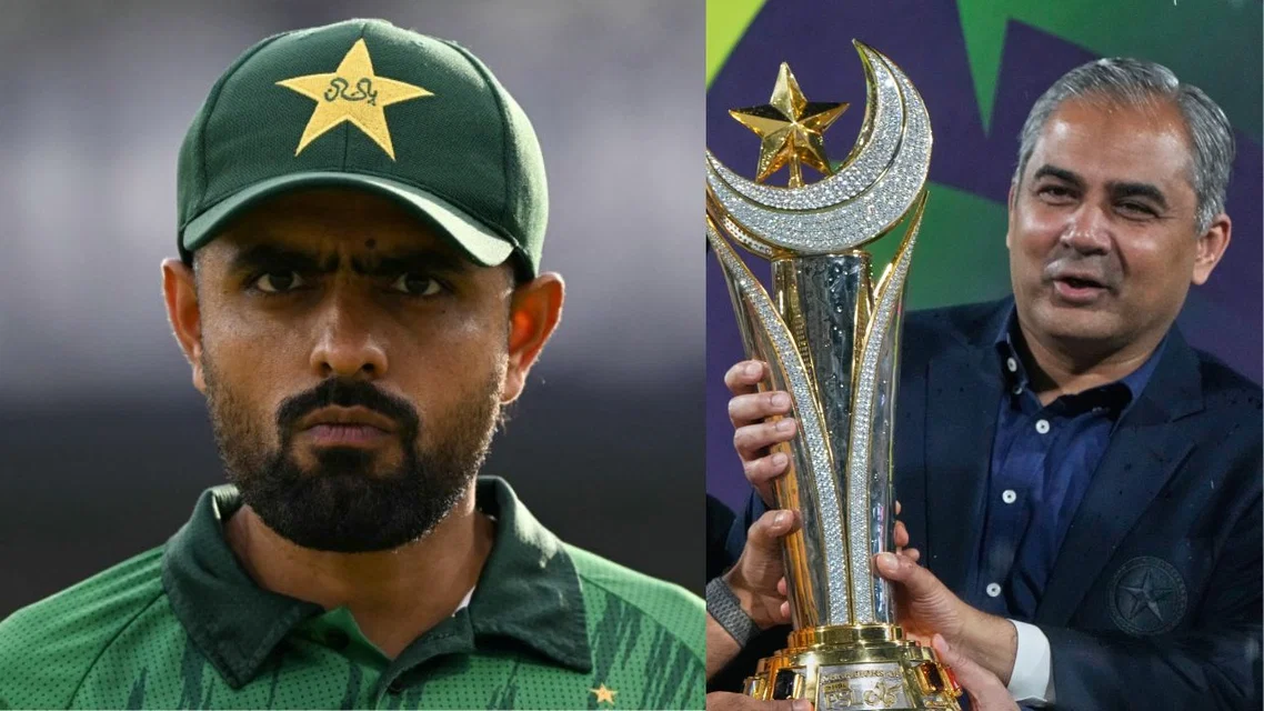 Babar Azam and PCB's Mohsin Naqvi in frame. Credits- AFP/AP