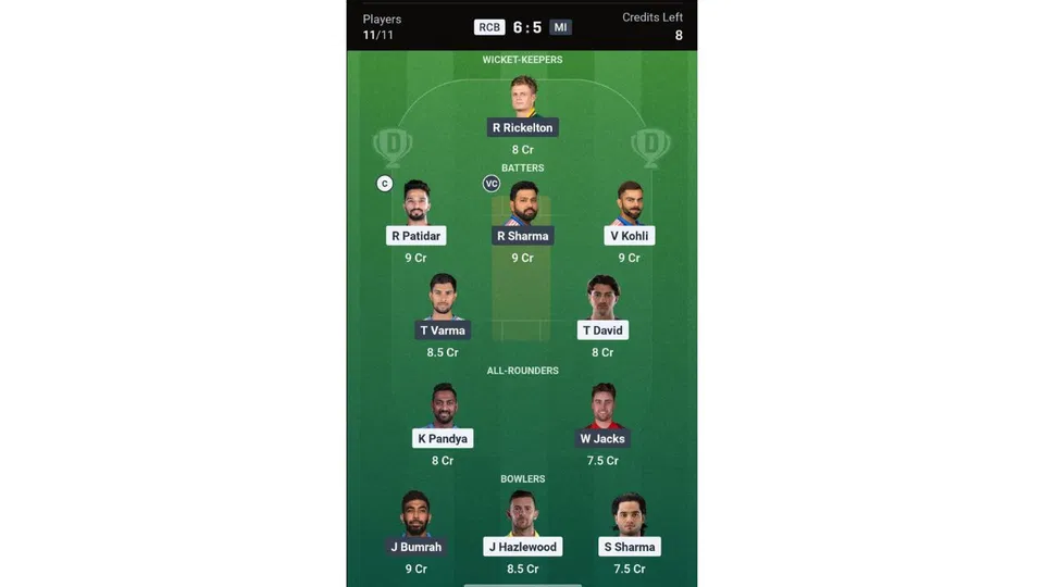 RCB Vs MI Dream11 Prediction team 2 [Source: Dream11 app]