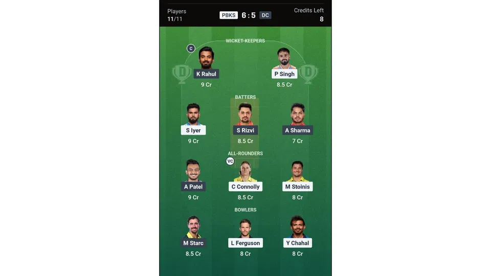 PBKS Vs DC Dream11 Prediction team 1 [Source: Dream11 app]