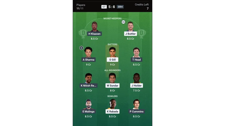 GT Vs SRH Dream11 prediction team 2 [Source: Dream11 app]