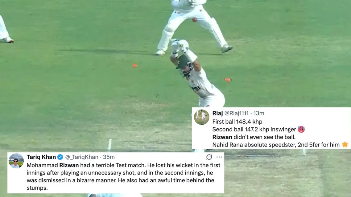 Mohammad Rizwan Bowled by Nahid Rana in BAN vs PAK 1st Test. Image Credits: X