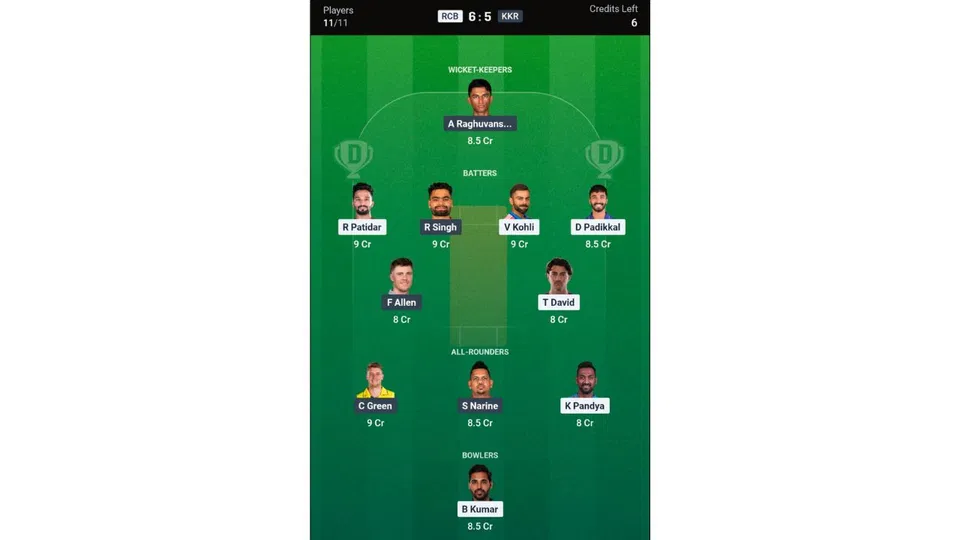 RCB vs KKR, IPL 2026: Dream11 Team 1 [Source: @Dream11 App]