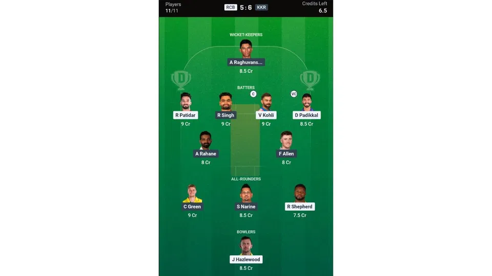 RCB vs KKR, IPL 2026: Dream11 Team 2 [Source: @Dream11 App]