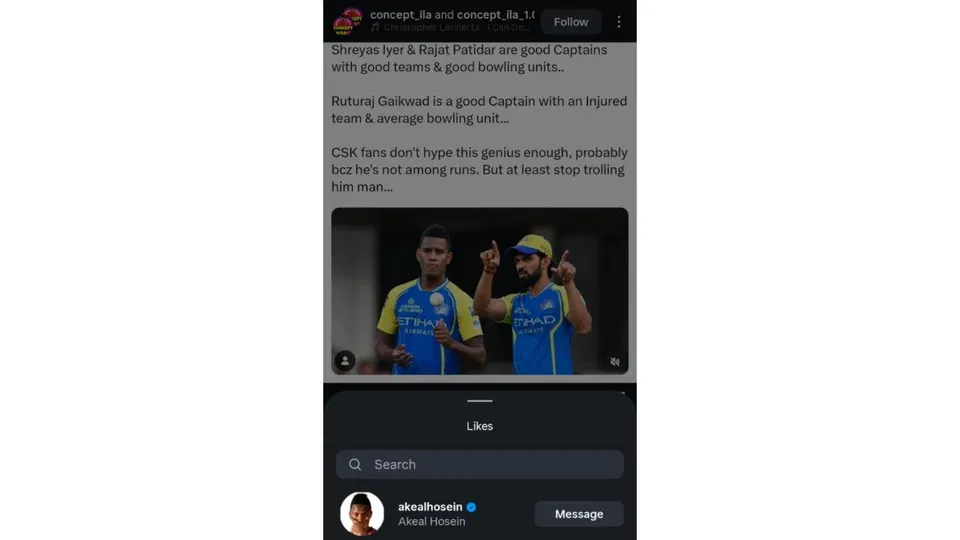 Akeal Hosein liked an anti-CSK post. [Source - @concept_ila/Instagram]