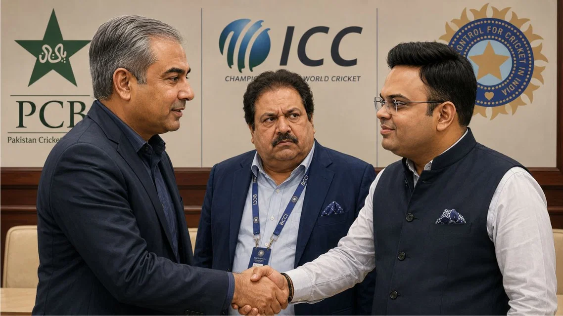 Mohsin Naqvi Jay Shah Rajeev Shukla for PCB, ICC, BCCI. Image Credits: ChatGPT
