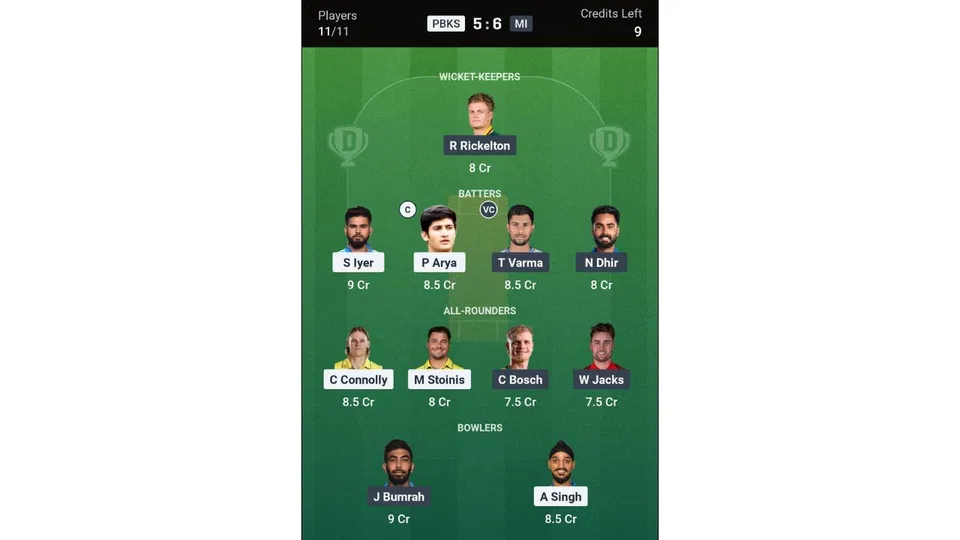 PBKS Vs MI Dream11 prediction team 2 [Source: Dream11 app]