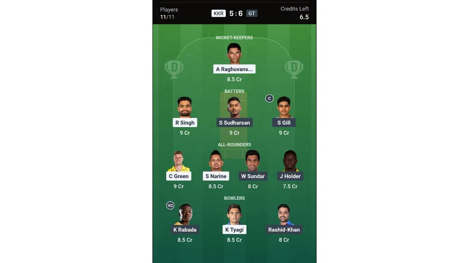 KKR Vs GT Dream11 prediction team 1 [Source: Dream11 app]