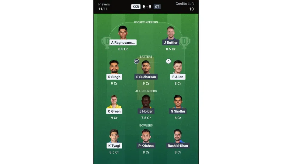 KKR Vs GT Dream11 prediction team 2 [Source: Dream11 app]