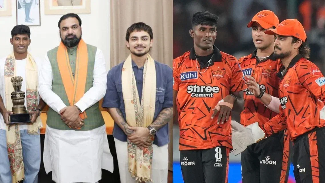 Ishan Kishan, Sakib Hussain with Bihar CM Samrat Choudhary (Source: X.com/@samrat4bjp & AP)