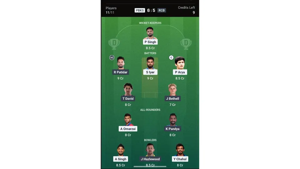 PBKS Vs RCB Dream11 prediction team 1 [Source: Dream11 app]