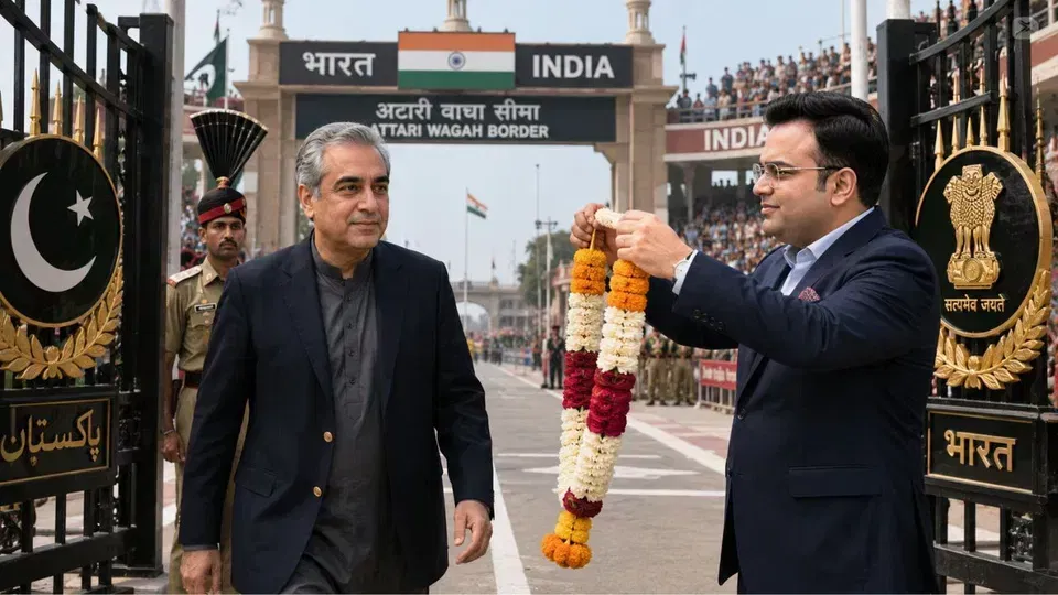जय शाह भारत में पाकिस्तान के मोहसिन नकवी का स्वागत करते हुए। चित्र साभार: चैटजीपीटी