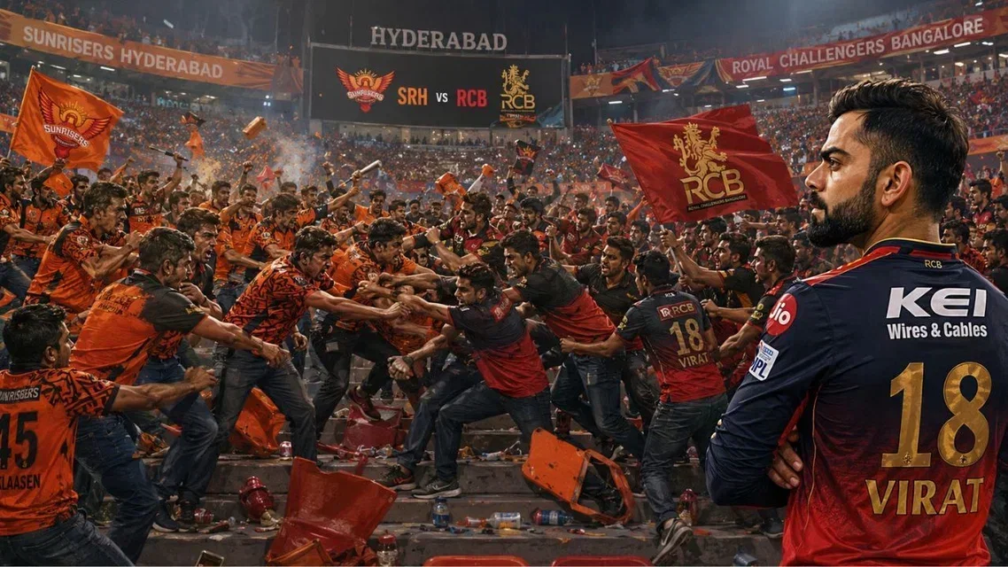 Virat Kohli watching SRH vs RCB Fans Fight. Image Credits: ChatGPT