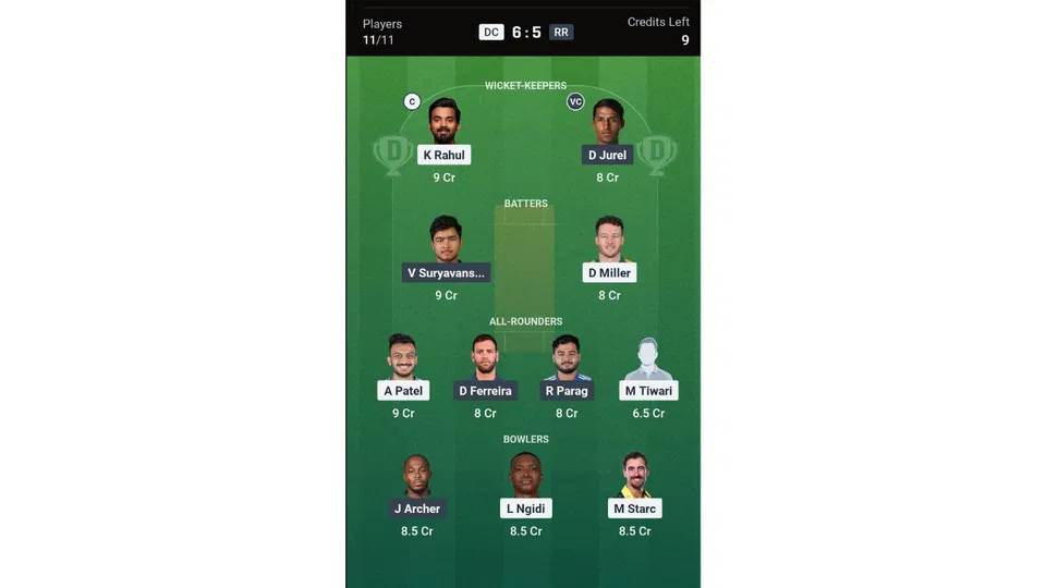 DC Vs RR Dream11 prediction team 1 [Source: Dream11 app]