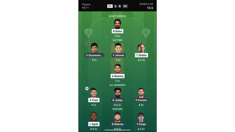 DC Vs RR Dream11 prediction team 2 [Source: Dream11 app]