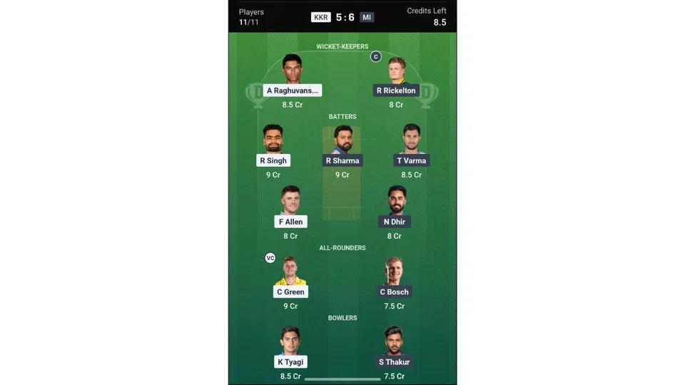 KKR Vs MI Dream11 prediction team 1 [Source: Dream11 app]