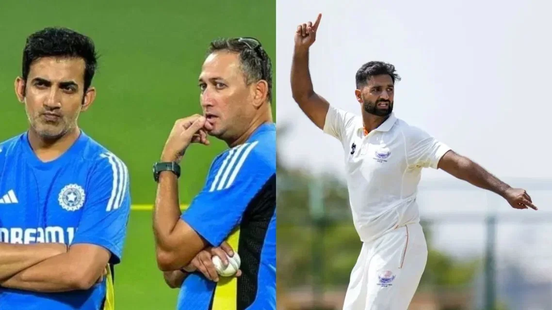 Gautam Gambhir, Ajit Agarkar and Auqib Nabi (Source:AFP/X)