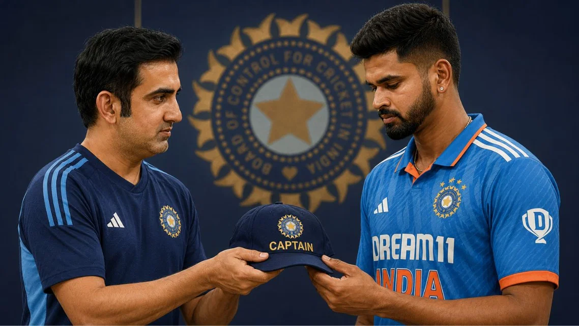 Gautam Gambhir giving India captaincy cap to Shreyas Iyer. Image Credits: ChatGPT