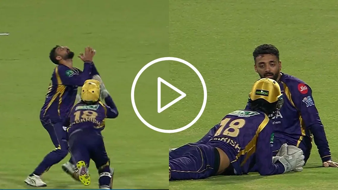 Angkrish Raghuvanshi and Varun Chakravarthy collide [Source: JioHotstar]