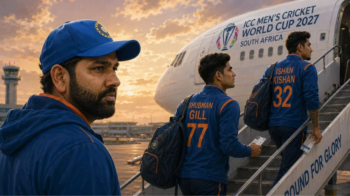 Rohit Sharma watching Shubman Gill Ishan Kishan board flight for 2027 World Cup. Image Credits: ChatGPT