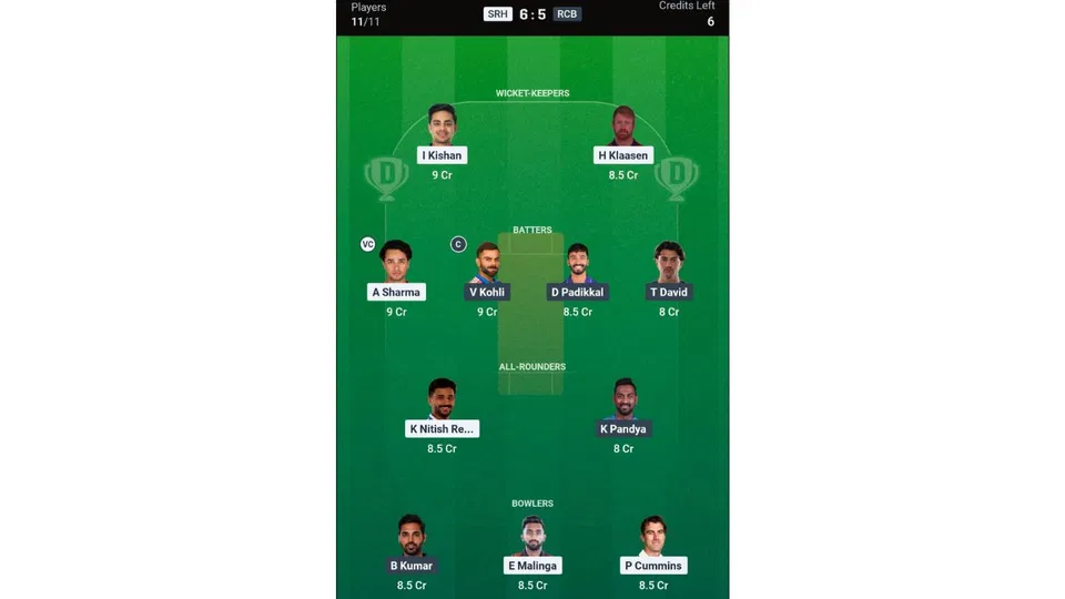 SRH vs RCB, IPL 2026: Dream11 Team 1 [Source: @Dream11 App]