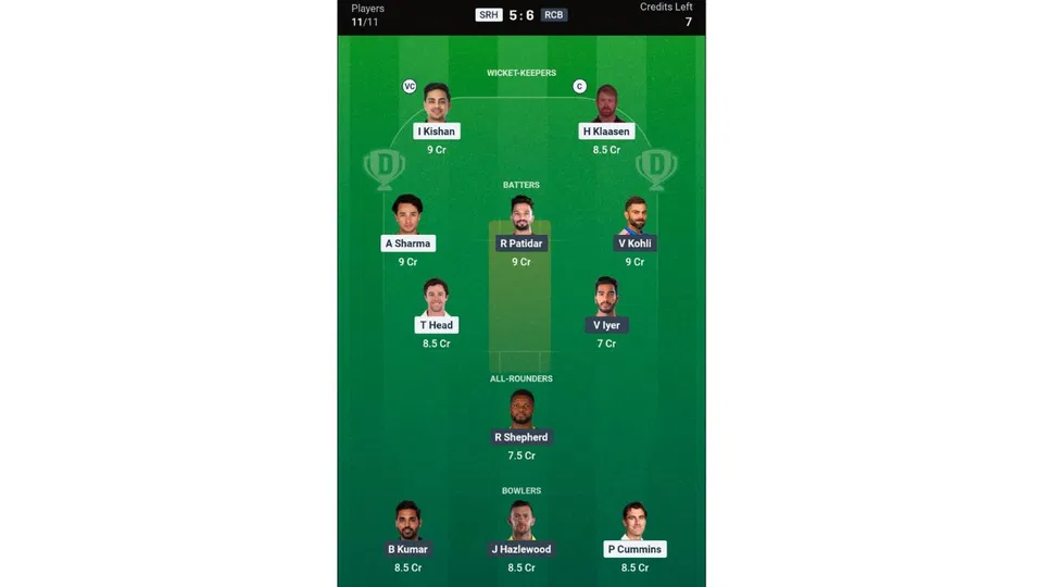 SRH vs RCB, IPL 2026: Dream11 Team 2 [Source: @Dream11 App]