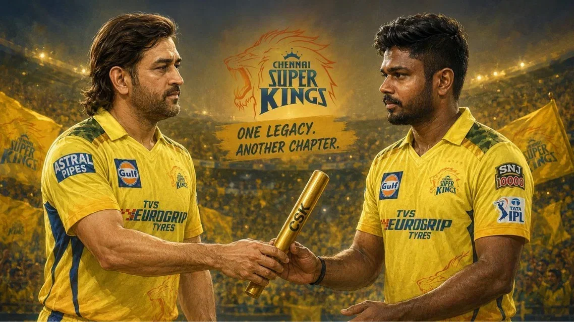 MS Dhoni Gives CSK Baton To Sanju Samson. Image Credits: ChatGPT