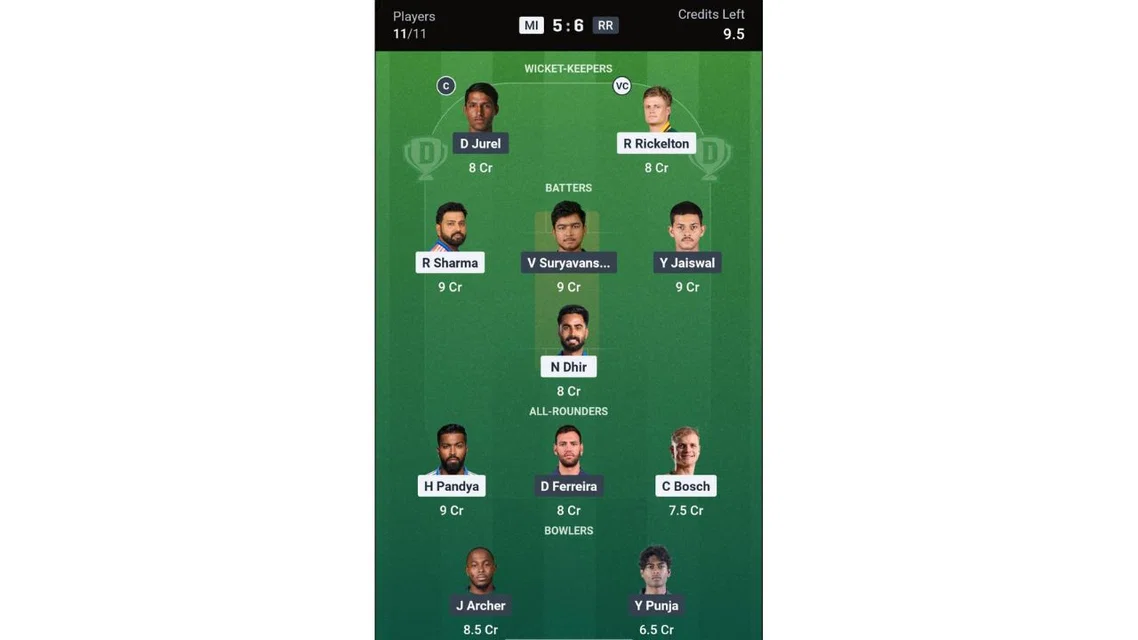 MI vs RR Dream11 prediction team 1 [Source: Dream11 app]