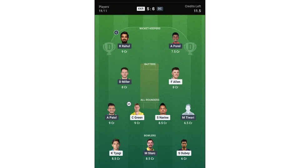 KKR vs DC Dream11 prediction team 1 [Source: Dream11 app]
