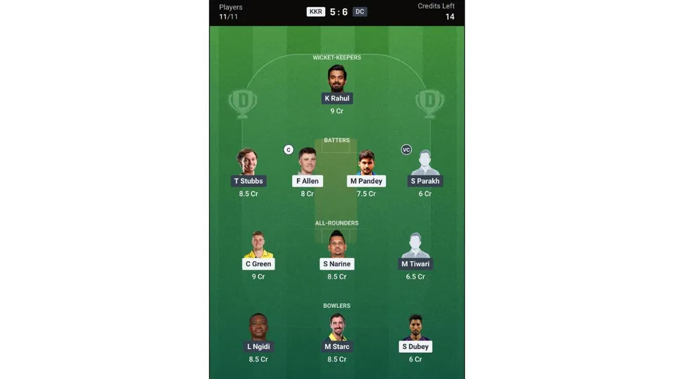 KKR vs DC Dream11 prediction team 2 [Source: Dream11 app]