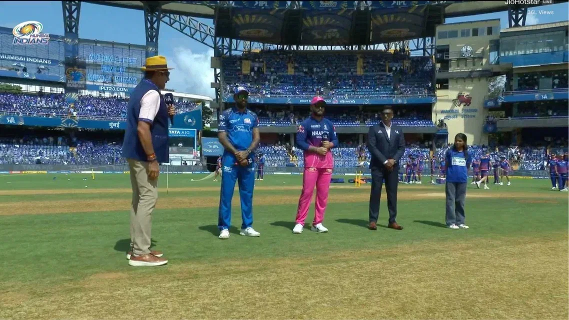 MI vs RR Toss Hardik Pandya Riyan Parag. Image Credits: JioHotstar