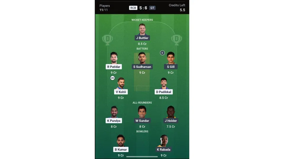 RCB vs GT Dream11 Prediction team 1 [Source: CREX]