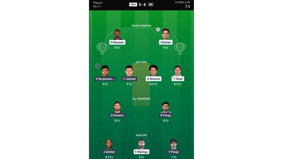 SRH vs RR, IPL 2026: Dream11 Team 1 [Source: @Dream11 App]