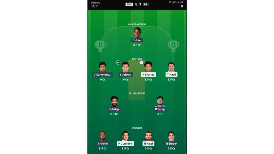 SRH vs RR, IPL 2026: Dream11 Team 2 [Source: @Dream11 App]