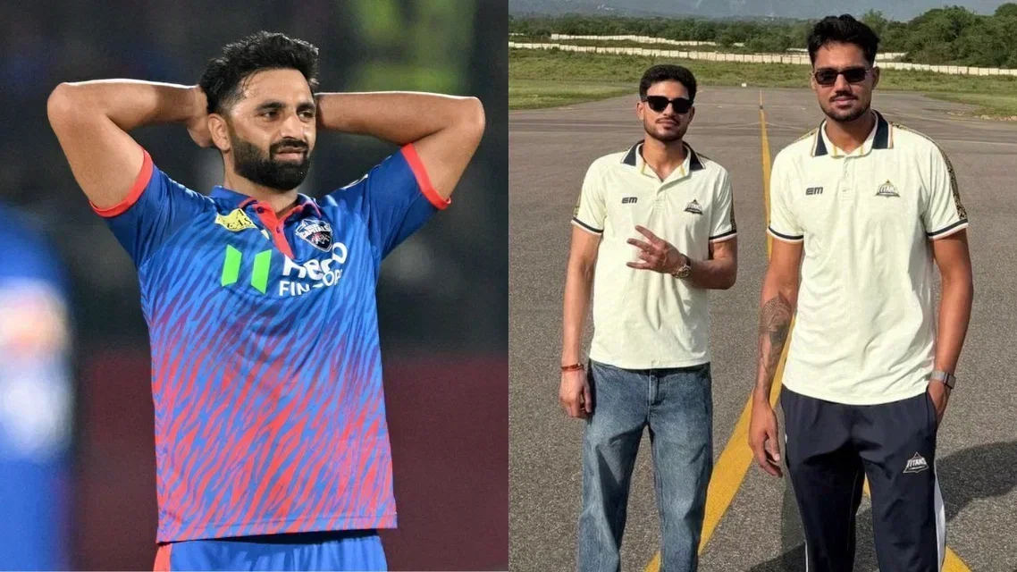 Auqib Nabi, Gurnoor Brar (on right) with Shubman Gill [Source: AFP & Instagram/gurnoorbrar]