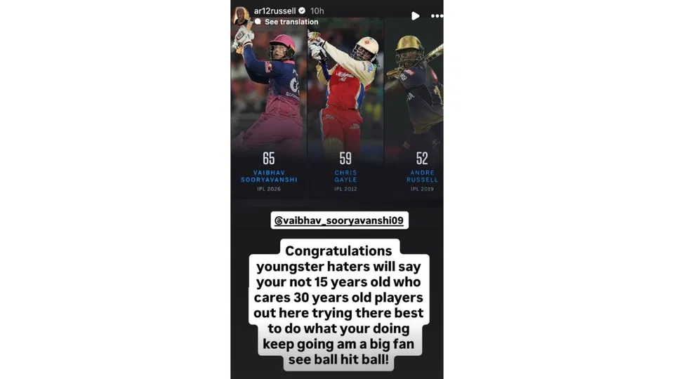 Andre Russell's Instagram post for Sooryavanshi