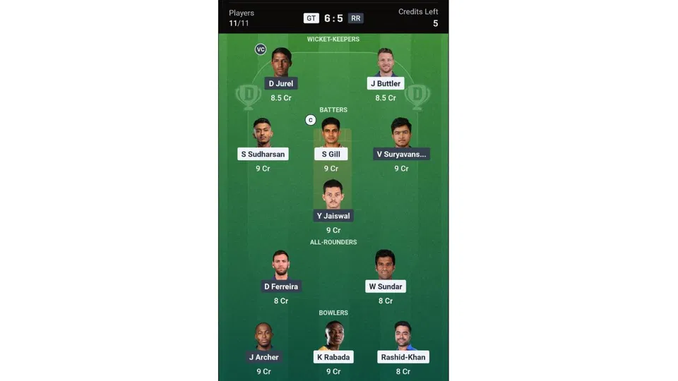 GT vs RR Dream11 prediction Team 1 [Source: Dream11 app]