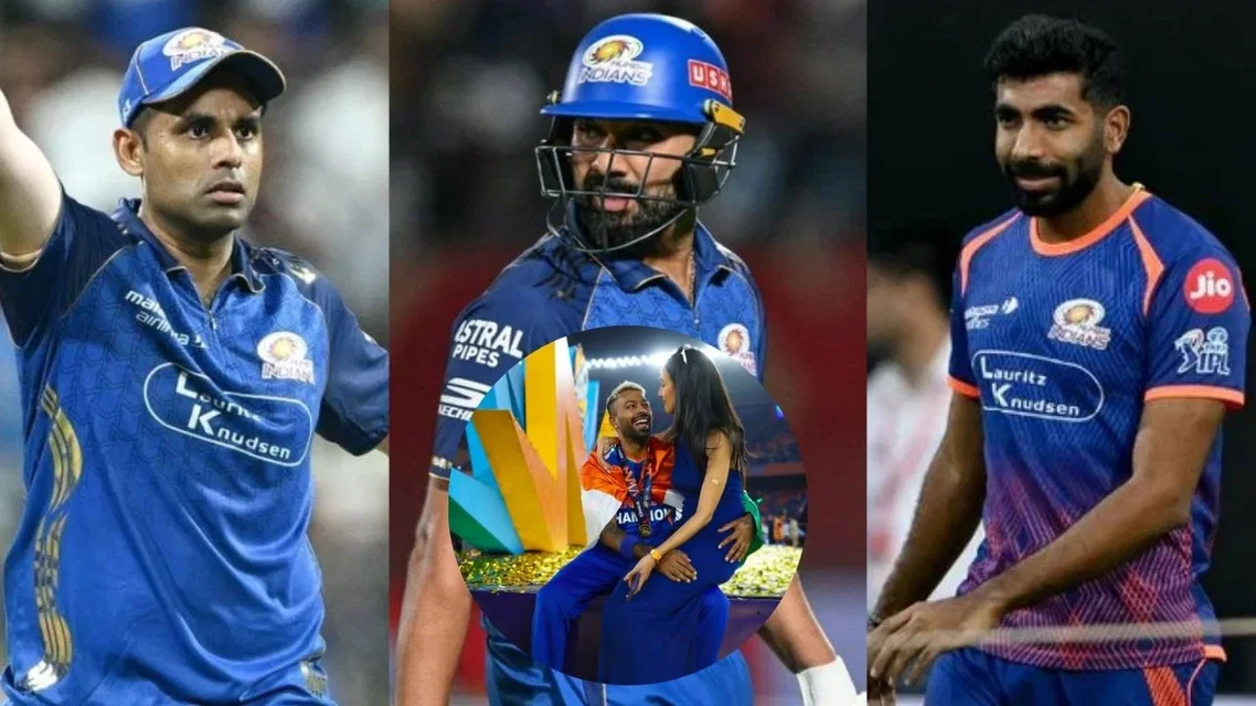SKY Rohit Bumrah Hardik Pandya Mahieka Sharma. Image Credits: AFP/X