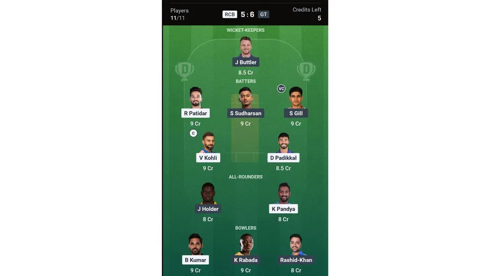 RCB Vs GT Dream11 prediction team 1 [Source: Dream11 app]