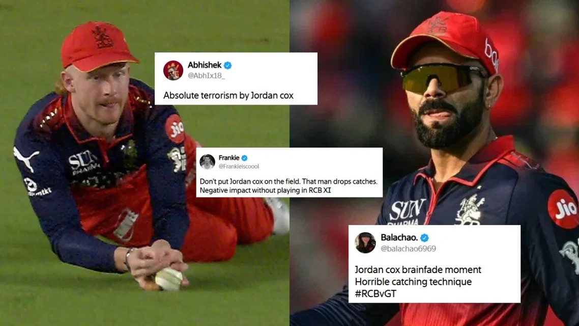 Jordan Cox catch drop wasn't taken lightly by RCB fans on the internet [Source: X and AFP]