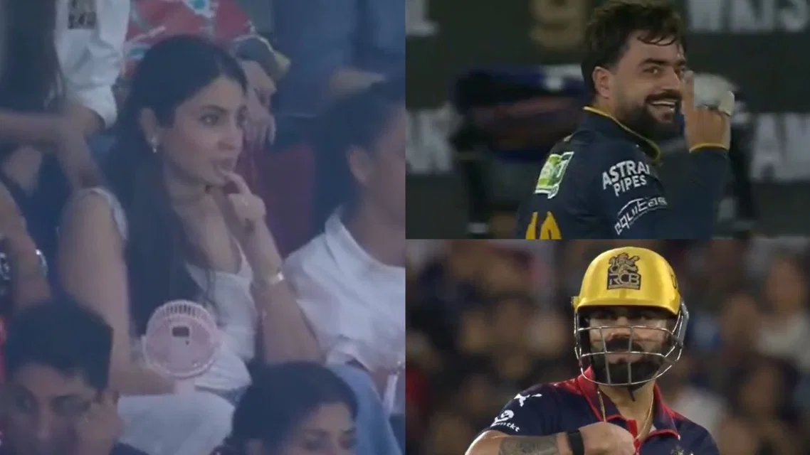 Anushka Sharma, Rashid Khan and Virat Kohli [Source: Screengrab]