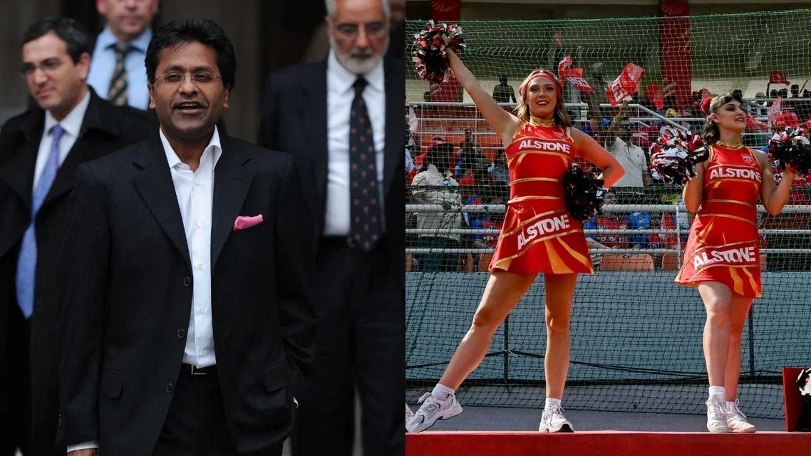 Lalit Modi (on left), IPL Cheerleaders (on right) {Source: AFP}