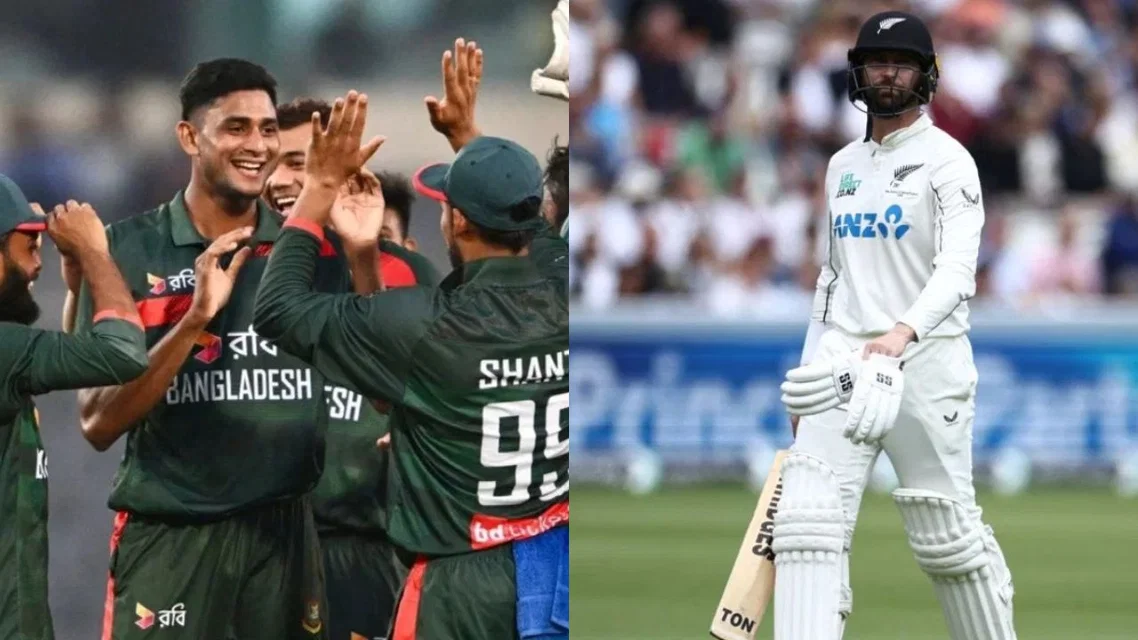 Bangladesh team and Devon Conway [Source: AFP]